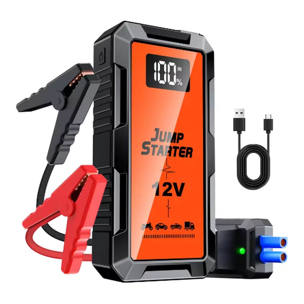 PS-212 car jump starter and accessories on a white background