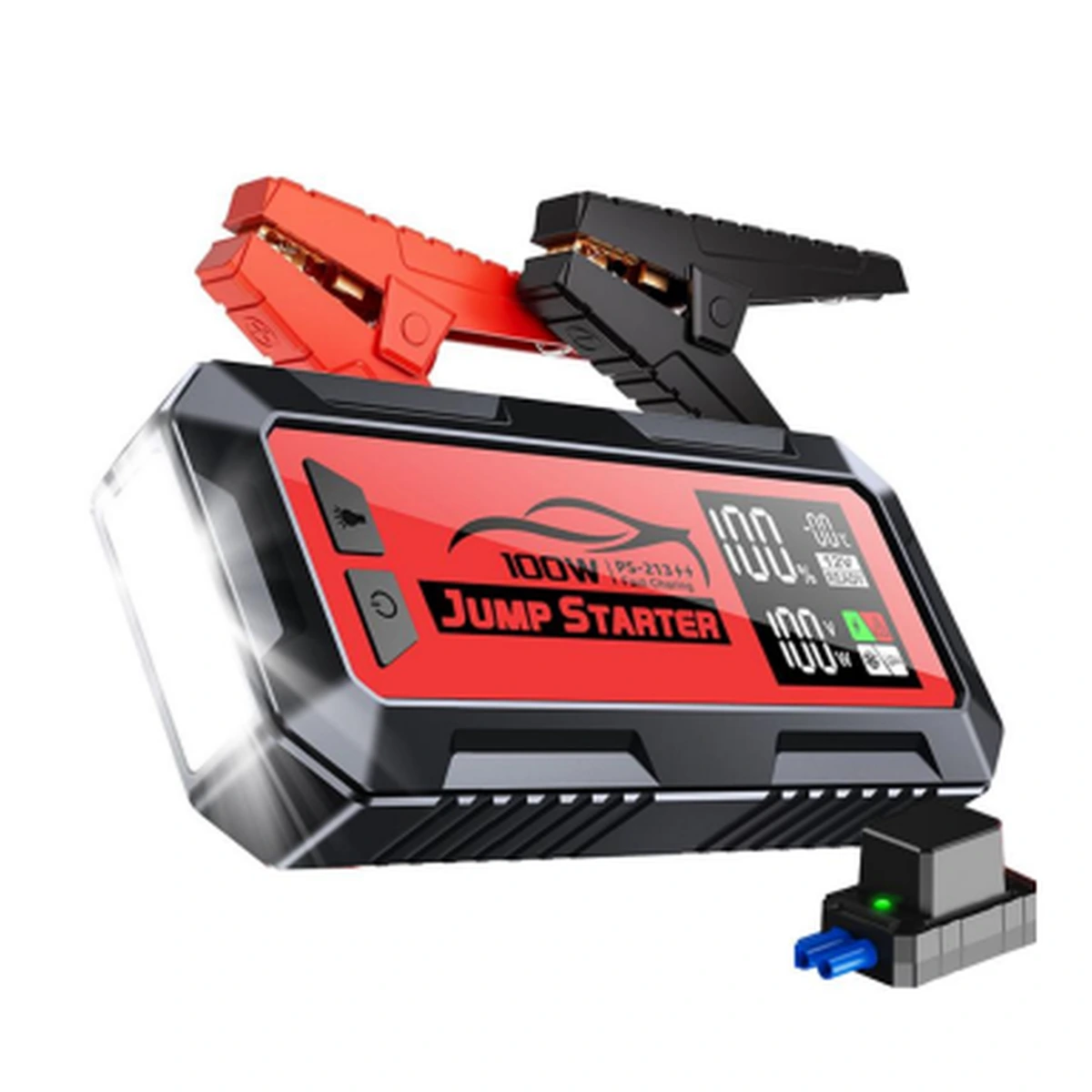 PS-213 car jump starter and accessories on a white background