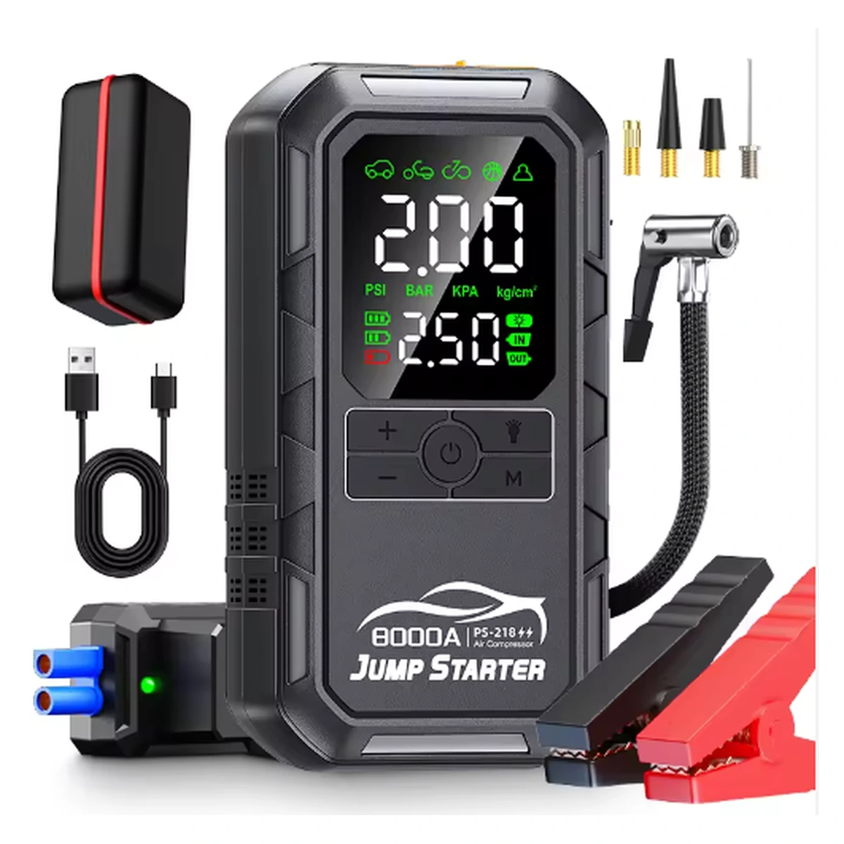 PS-218 car jump starter and accessories on a white background