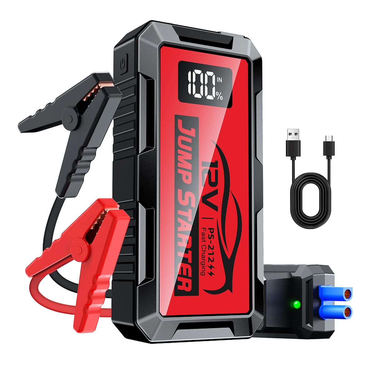 PS-220 car jump starter and accessories on a white background