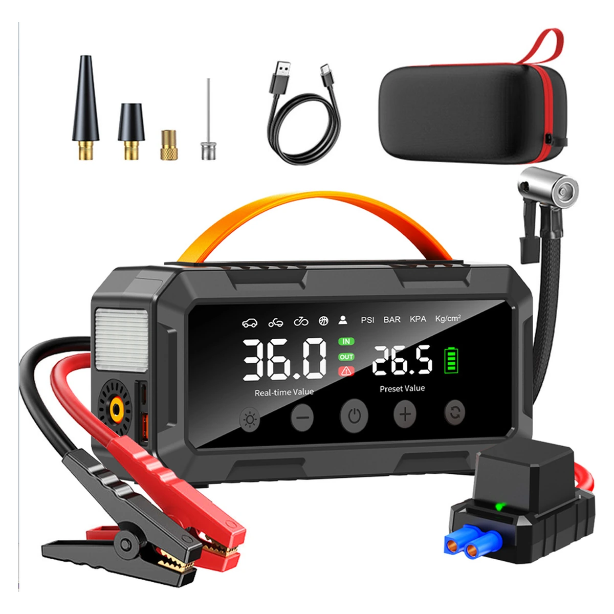 PS-985 car jump starter and accessories on a white background