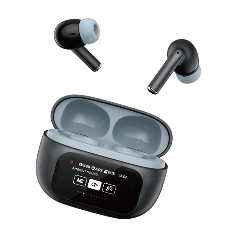 G01ANC in-ear TWS earbuds and charging case on white background