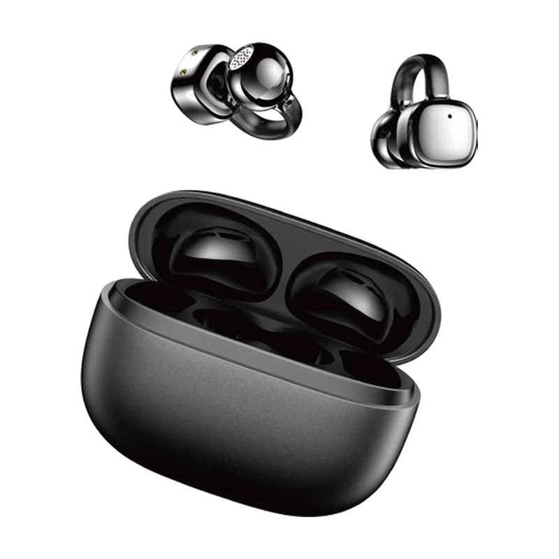 G09 open-ear clip TWS earbuds and charging case on white background