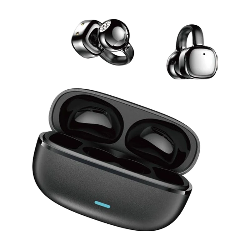 G17 open-ear clip TWS earbuds and charging case on white background