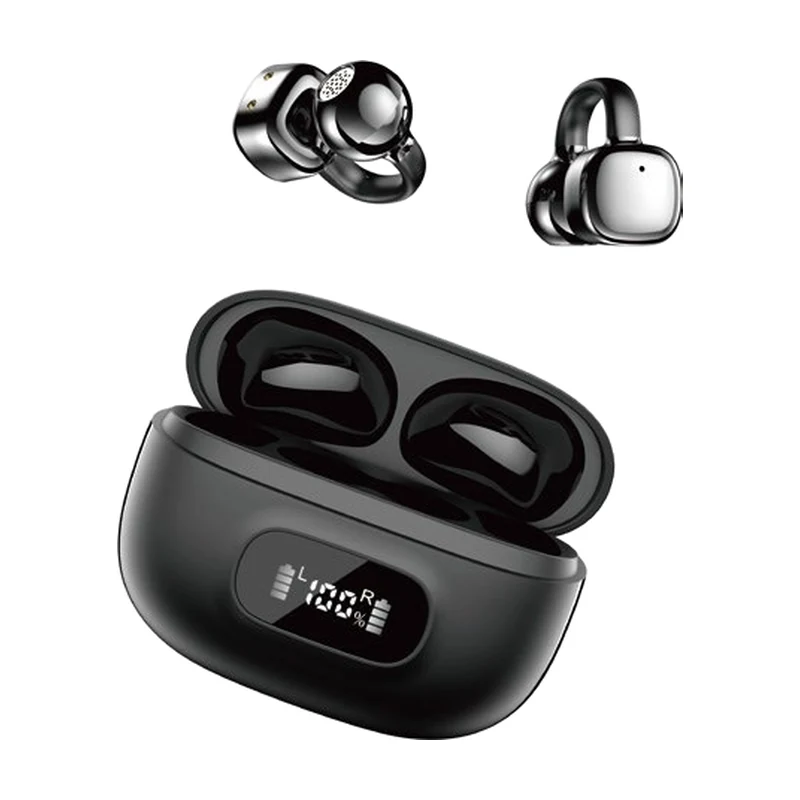 G21 open-ear clip TWS earbuds and charging case on white background
