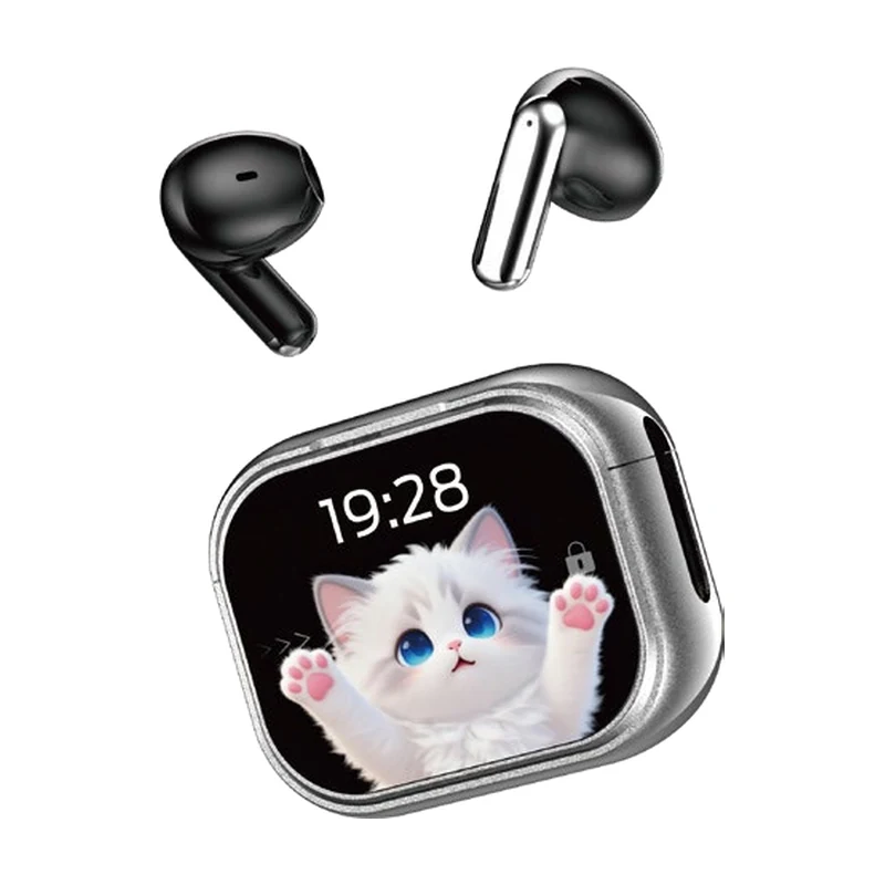 G27 semi-in-ear TWS earbuds and charging case on white background