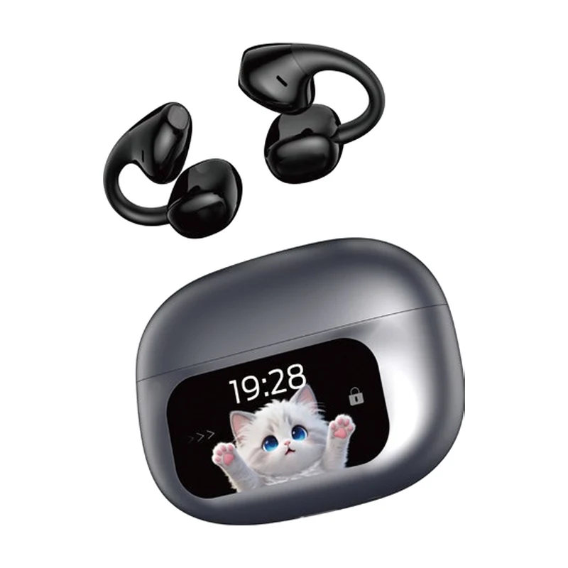 G57 open-ear clip TWS earbuds and charging case on white background