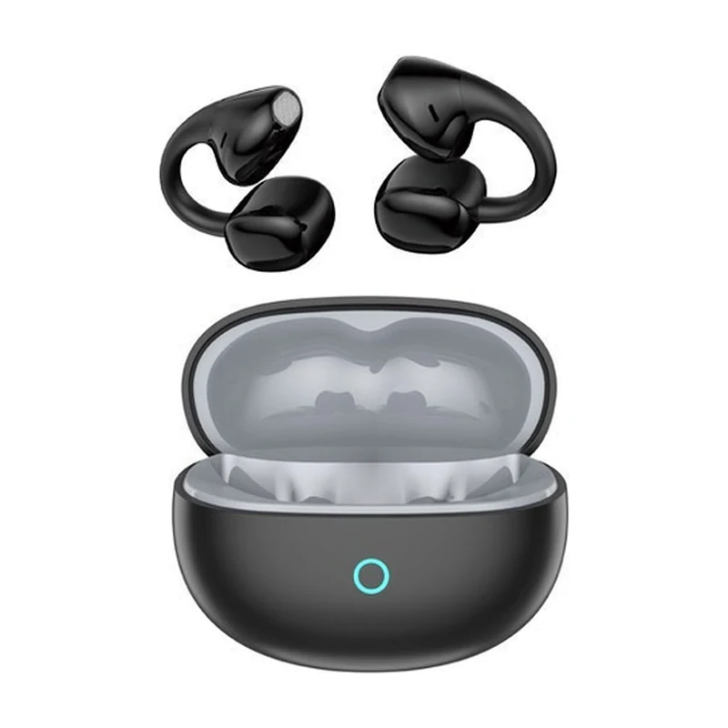G65 open-ear clip TWS earbuds and charging case on white background